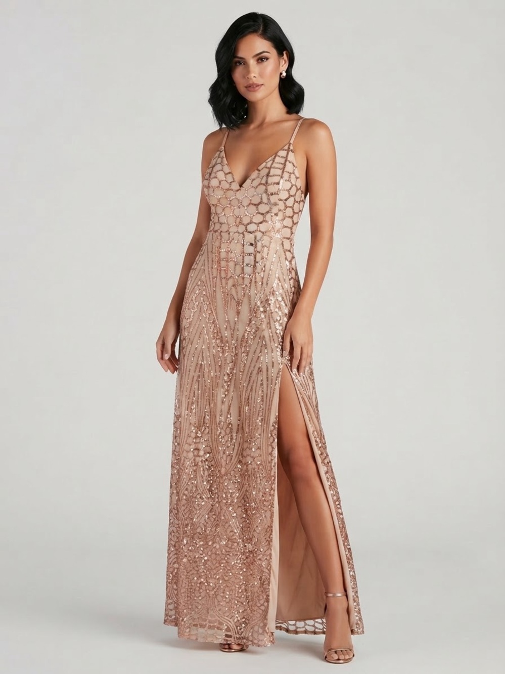 Windsor Rose Gold Sequin V-Neck Prom Gown